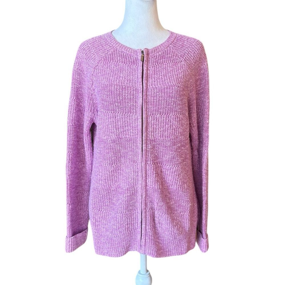 LL Bean Full Zip Fishermans Cable Knit Cardigan Sweater Womens Med Pink Purple